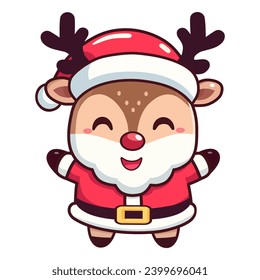 cute reindeer with white beard wearing Santa hat cartoon character vector illustration. flat design.