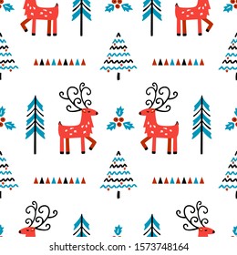 Cute Reindeer and Winter Forest Abstract Background. Vector Christmas Seamless Pattern with Cartoon Doodle Deers and Christmas Trees. New Year Holiday Wallpaper, Wrapping Paper