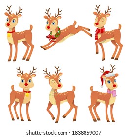 Cute reindeers characters set. Set of cute reindeer with different emotions in different Santa Claus hat and scarf, snowman, elf. Funny Christmas reindeers on white background. Vector illustration