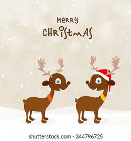 Cute Reindeers couple in Santa cap on shiny winter background for Merry Christmas celebration.