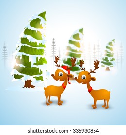 Cute reindeers and snow covered Xmas Trees on shiny sky blue background for Merry Christmas celebration.