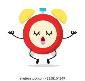 Cute relax alarm clock character. Funny yoga clock cartoon emoticon in flat style. alarm clock emoji meditation vector illustration