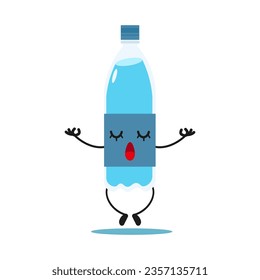 Cute relax bottle of water character. Funny yoga mineral water cartoon emoticon in flat style. water bottle meditation vector illustration