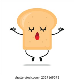El cuidado y relajante carácter del pan. Divertido emoticono de caricatura de pan de yoga en estilo plano. ilustración vectorial de la meditación emoticono de panadería