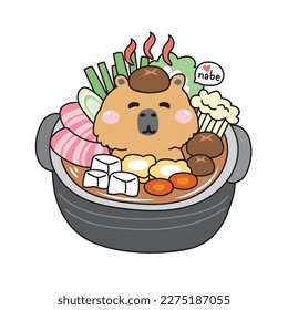 Cute relax capybara stay in nabe is japanese hot pot.Cartoon friendly animal character design.Japan asian food.Meat,mushroom,tofu,carrot,corn.Kawaii.Vector.Illustration.