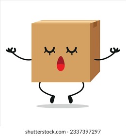 Cartucho de caja de cartón de relajación suave. Divertido emoticono de paquete de yoga en estilo plano. ilustración vectorial de meditación emoticono de cartón