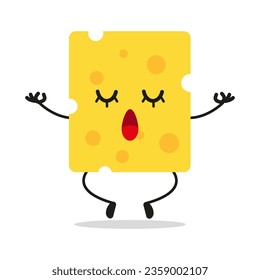 Cute relax cheese slice character. Funny yoga food cartoon emoticon in flat style. cheese slice emoji meditation vector illustration