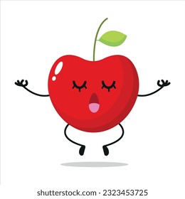 Cute relax cherry character. Funny yoga cherry cartoon emoticon in flat style. Fruit emoji meditation vector illustration