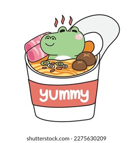 Cute relax crocodile stay with egg and meat in noodle cup instant.Wild animal character design cartoon.Japanese food.Ramen.Kawaii.Vector.Illustration.