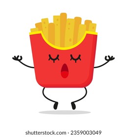 Cute relax french fries character. Funny yoga junk food cartoon emoticon in flat style. potato fries emoji meditation vector illustration