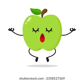 Cute relax green apple character. Funny yoga fruit cartoon emoticon in flat style. apple emoji meditation vector illustration