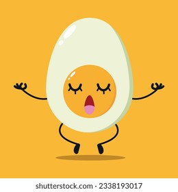 Relájese tranquilamente con un personaje de huevo hervido. Divertido emoticono de dibujos animados de huevo de yoga en estilo plano. ilustración vectorial de meditación de emoji alimentario