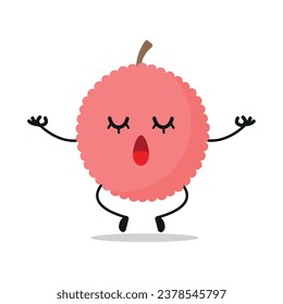 Carácter liqués de relajación suave. Divertido emoticono de dibujos animados de fruta de yoga en estilo plano. ilustración vectorial de meditación de linchee