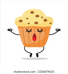  Cute relax muffin character. Funny yoga cupcake cartoon emoticon in flat style. bakery emoji meditation vector illustration