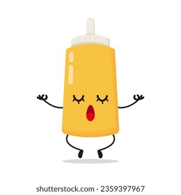 Cute relax mustard sauce bottle character. Funny yoga food cartoon emoticon in flat style. mayonnaise bottle emoji meditation vector illustration
