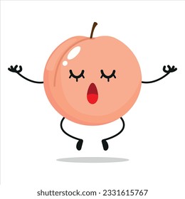 Cute relax peach character. Funny yoga peach cartoon emoticon in flat style. Fruit emoji meditation vector illustration