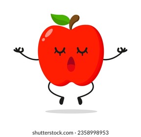 Cute relax red apple character. Funny yoga fruit cartoon emoticon in flat style. apple emoji meditation vector illustration