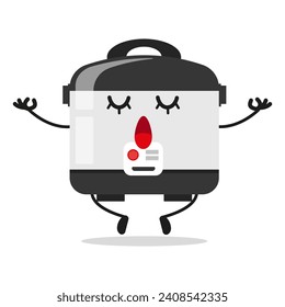 Cute relax rice cooker character. Funny yoga home appliance cartoon emoticon in flat style. rice, cooker meditation vector illustration