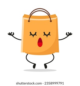 Cute relax shopping bag character. Funny yoga paper bag cartoon emoticon in flat style. bag emoji meditation vector illustration svg