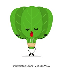 Cute relax spinach character. Funny yoga vegetable cartoon emoticon in flat style. spinach meditation vector illustration