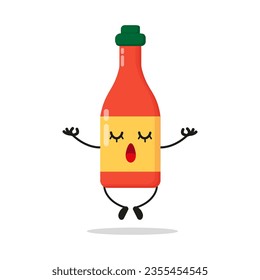 Cute relax tomato sauce bottle character. Funny yoga tomato sauce cartoon emoticon in flat style. tomato, sauce, bottle meditation vector illustration