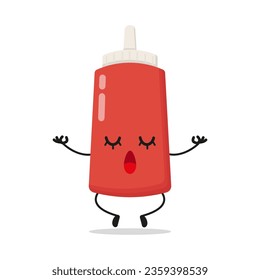 Cute relax tomato sauce bottle character. Funny yoga food cartoon emoticon in flat style. tomato sauce bottle emoji meditation vector illustration
