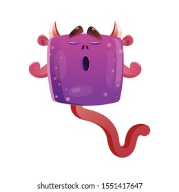 Cute Relaxed Boxy Purple Monster/creature Doing Meditation. Vector Illustration Isolated On White Background 