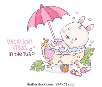 Cute relaxed cartoon bunny soaking in bubble bath with drink and rubber duck, under sun umbrella. Whimsical sunny vacation atmosphere at home in bathroom with animal character. Vector illustration