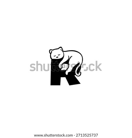 Cute relaxed cat resting over a stylized alphabet shape. Perfect for pet brands, cat stores, animal shelters, and playful modern identity.
