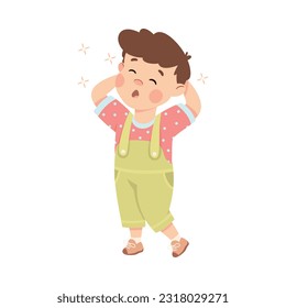 Cute relaxed dreamy little boy with his hands behind his head. Brown haired boy dressed jumpsuit cartoon vector illustration