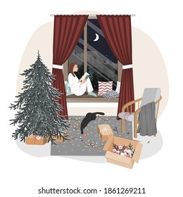 A cute relaxed girl sitting on a windowsill and reading. Hygge xmas mood with new year tree, playing cat, and winter window landscape. Christmas interior vector illustration or greeting card