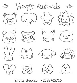 Cute and relaxed hand-drawn animal illustration set, face, black and white