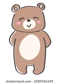 A cute and relaxed hand-drawn illustration of a full-body bear standing, smiling, energetic, in a costume