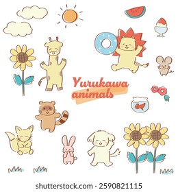 Cute and relaxed hand-drawn illustrations of summer animals in nostalgic colors