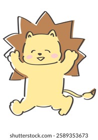 A cute and relaxed hand-drawn lion illustration, standing, energetic, mascot