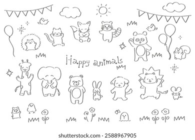 Cute and relaxed line drawing of animals, full body illustration set