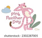 Cute Relaxed pink panther with leaves, cloud and sun. Card or banner for holiday. Illustration in the retro grovvy style of the 70s. Wild animals in a vector. Big cat with closed eyes