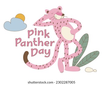 Cute Relaxed pink panther with leaves, cloud and sun. Card or banner for holiday. Illustration in the retro grovvy style of the 70s. Wild animals in a vector. Big cat with closed eyes