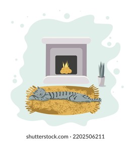 Cute and relaxed sleeping cat
on the rug by the fireplace, comfort in the cold season.