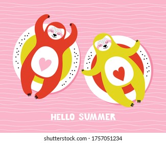 Cute relaxed sloths on an inflatable circle. Hand drawn vector illustration with the lettering phrase Hello summer. Loving couple cartoon animals relax in the pool or on the sea. Scandinavian style