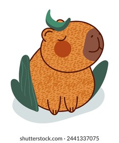 Cute relaxing capybara. Calm capibara character sitting in green grass and chilling. Modern flat cartoon vector illustration with hand drawn texture isolated on transparent background