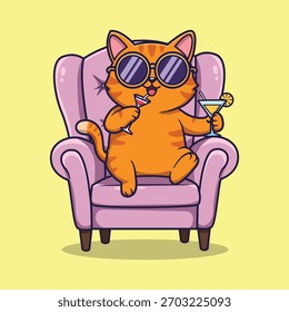 Ilustración vectorial relajante linda del gato con cócteles en el sillón rosado y el fondo amarillo