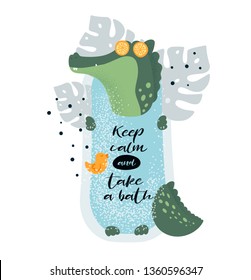 Cute relaxing crocodile in bath. Jungle spa. Animal wildlife. Keep calm and take a bath. Cartoon character illustration for kids game, book, t-shirt, card, print, poster, decoration and textile