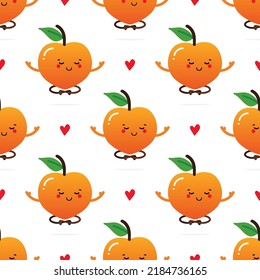Cute relaxing, meditating peach fruit characters and hearts vector seamless pattern background.
