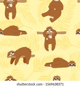 Cute relaxing sloths bears on pastels yellow background with tropical leaves silhouettes. Vector seamless pattern with hand drawn sloth bears in cartoons style. Best for textile, wrapping or web.