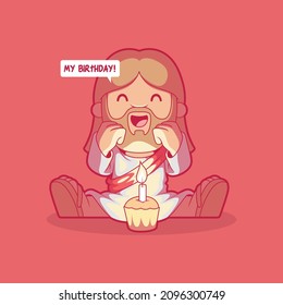 A cute religious character with a birthday cake vector illustration. Faith, holiday, funny design concept.