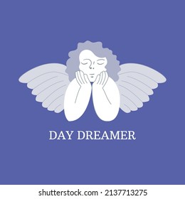 Cute renaissance cupid with wings. Baby angel. Vector flat illustration. Day dreamer quote