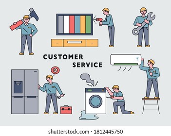 A Cute Repairman Is Fixing A Home Appliance With A Huge Tool. Flat Design Style Minimal Vector Illustration.
