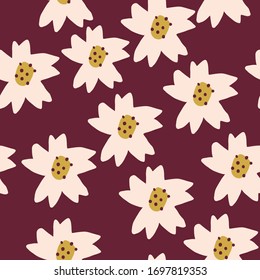 Cute Repeat Daisy Wildflower Pattern with maroon background. Seamless floral pattern. White Daisy. Stylish repeating texture. Repeating texture. 