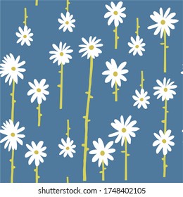 Cute Repeat Daisy Wildflower Pattern with blue background. Seamless floral pattern. White Daisy. Stylish repeating texture. Repeating texture. 